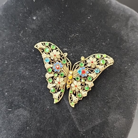 Vintage Filigree Butterfly w Jewelled Flowers & Accents - Picture 2 of 8